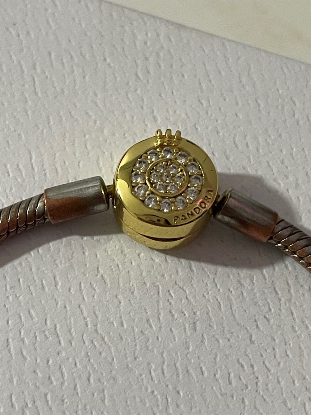 Pandora Rose-Tone Snake Bracelet with Gold Pavé Clasp